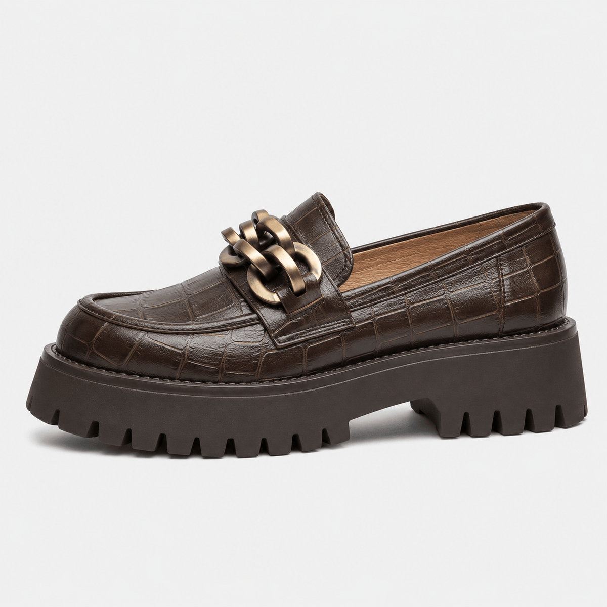 Ma boutique Women's Platform Loafers – Brown Genuine Leather Chain Slip-On Shoes