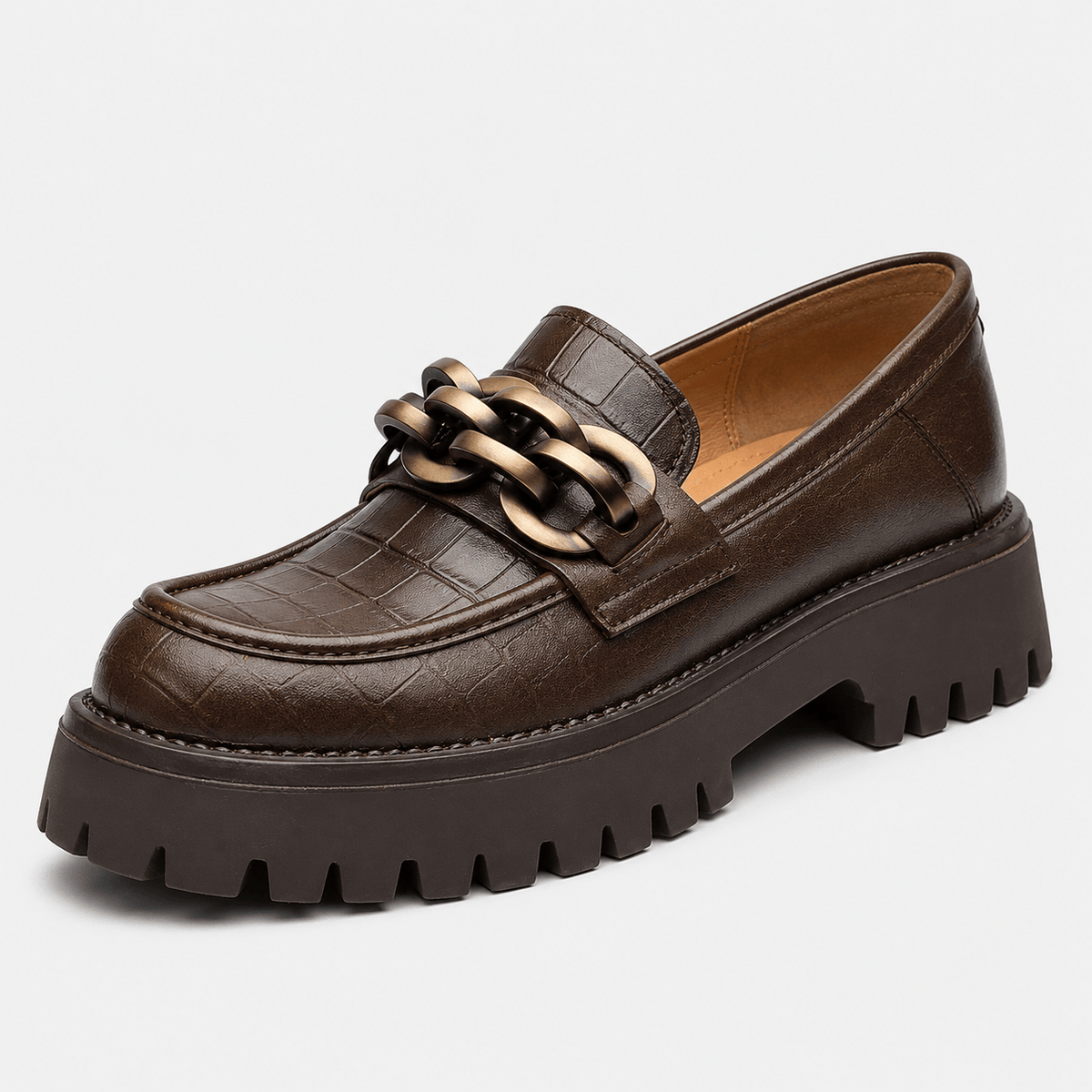 Ma boutique Women's Platform Loafers – Brown Genuine Leather Chain Slip-On Shoes