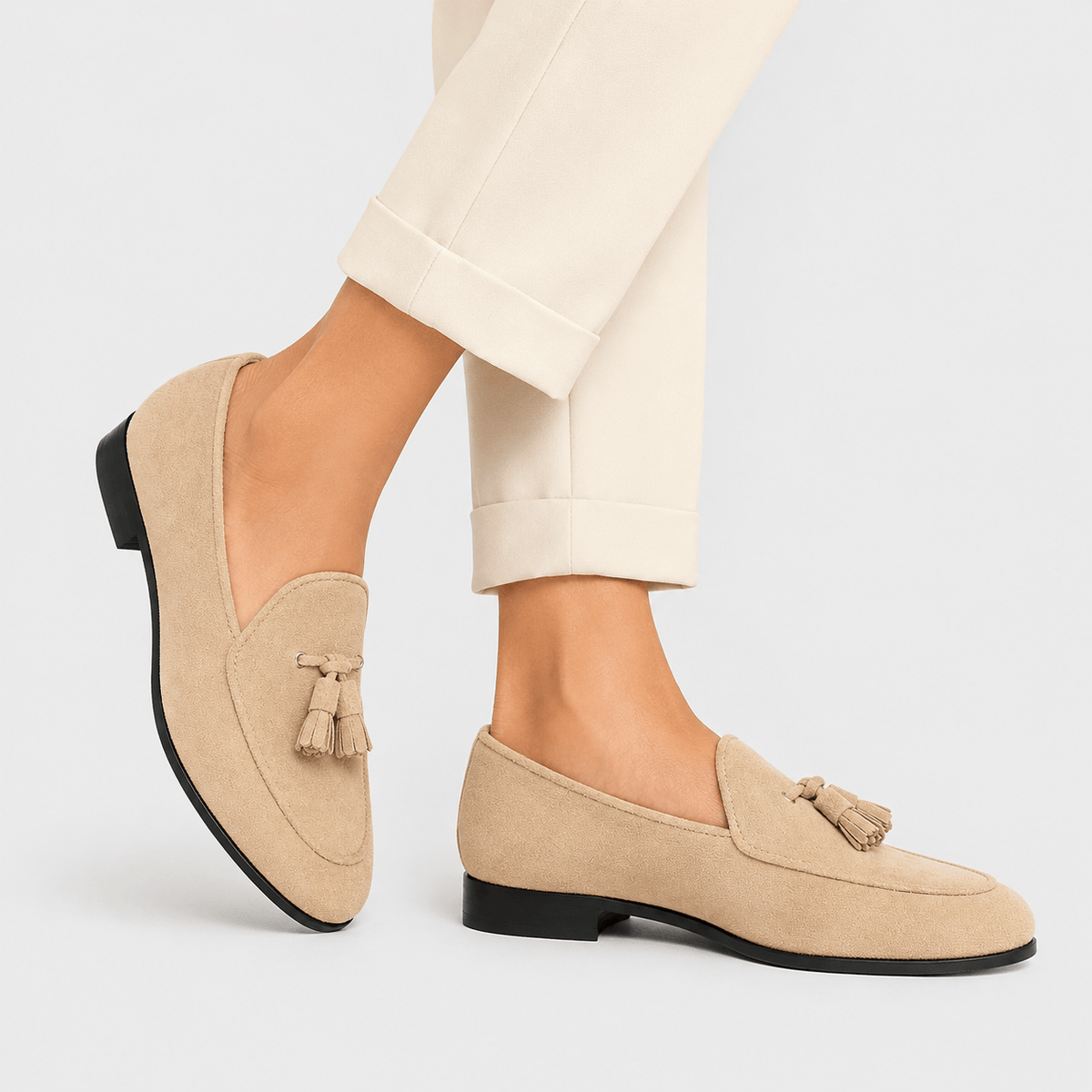 Ma boutique Womens Beige Suede Tassel Loafers – Casual Slip-On Smoking Shoes