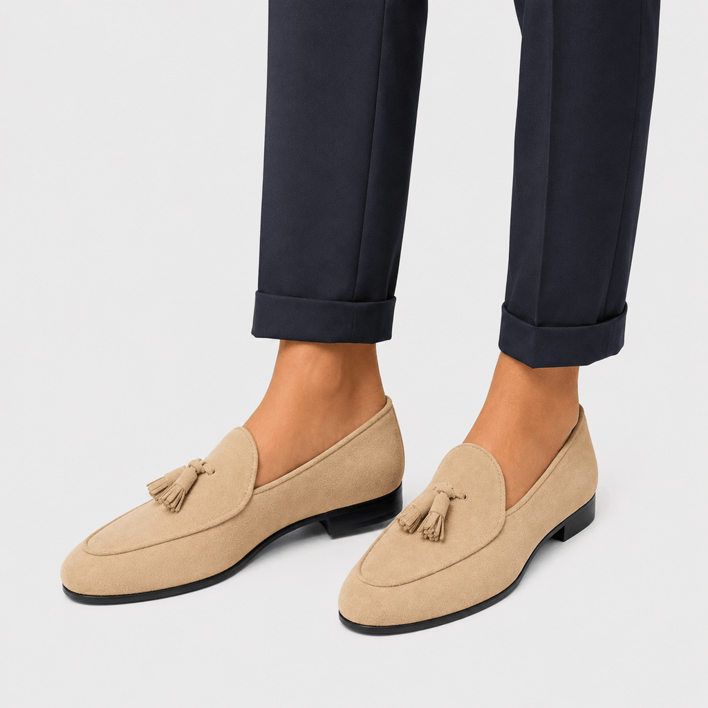 Ma boutique Womens Beige Suede Tassel Loafers – Casual Slip-On Smoking Shoes