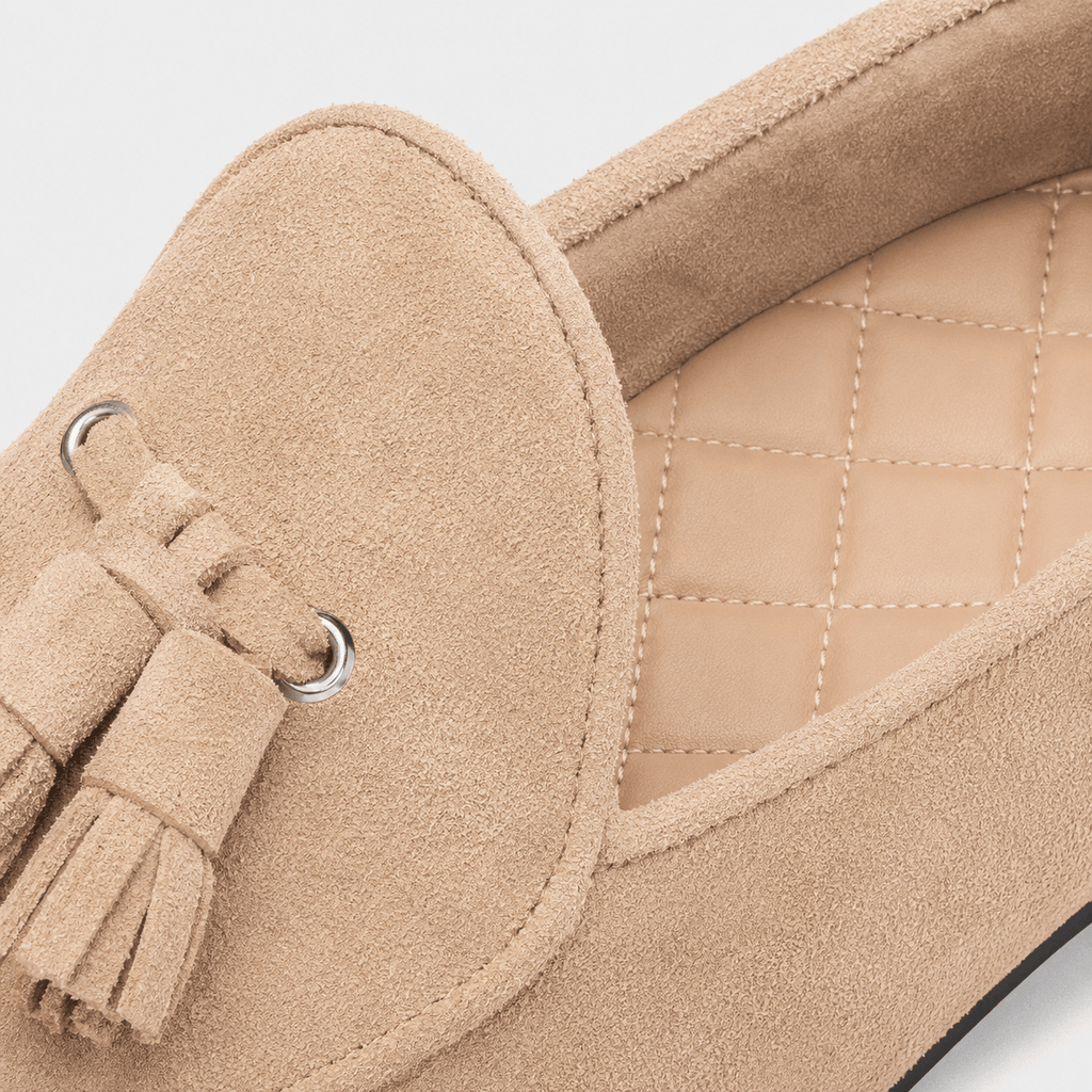 Ma boutique Womens Beige Suede Tassel Loafers – Casual Slip-On Smoking Shoes