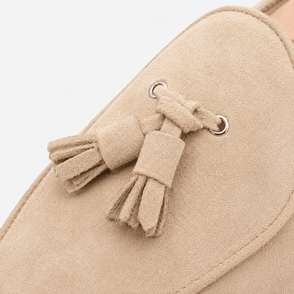 Ma boutique Womens Beige Suede Tassel Loafers – Casual Slip-On Smoking Shoes
