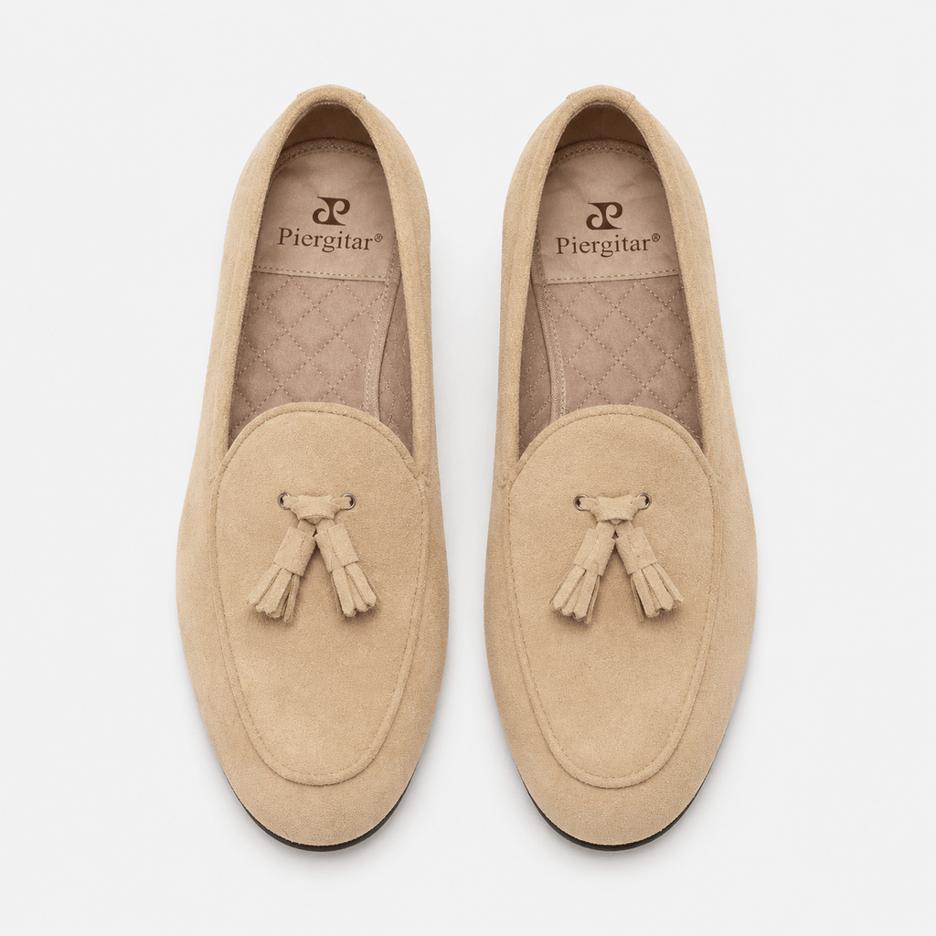 Ma boutique Womens Beige Suede Tassel Loafers – Casual Slip-On Smoking Shoes