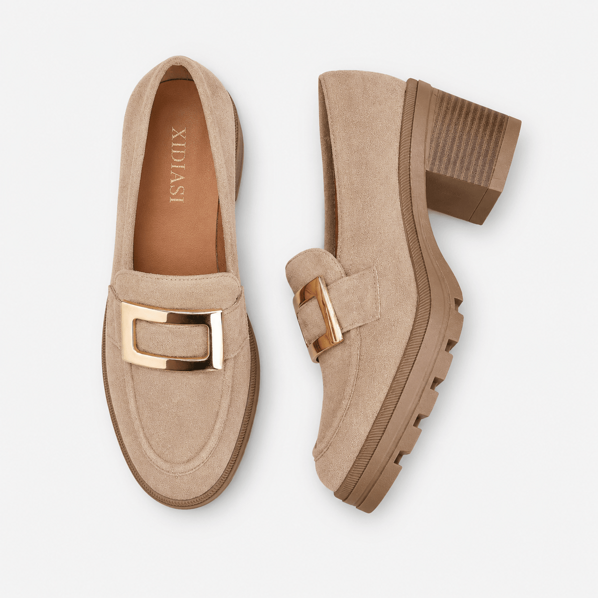 Ma boutique Womens Beige Thick Sole Vintage Loafers – Cross Buckle Striped Flat Natural Rubber Sole Shoes