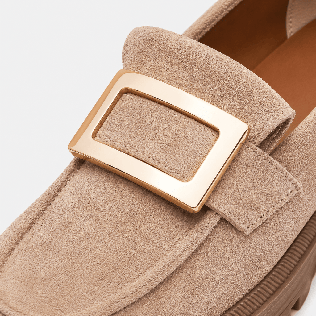 Ma boutique Womens Beige Thick Sole Vintage Loafers – Cross Buckle Striped Flat Natural Rubber Sole Shoes