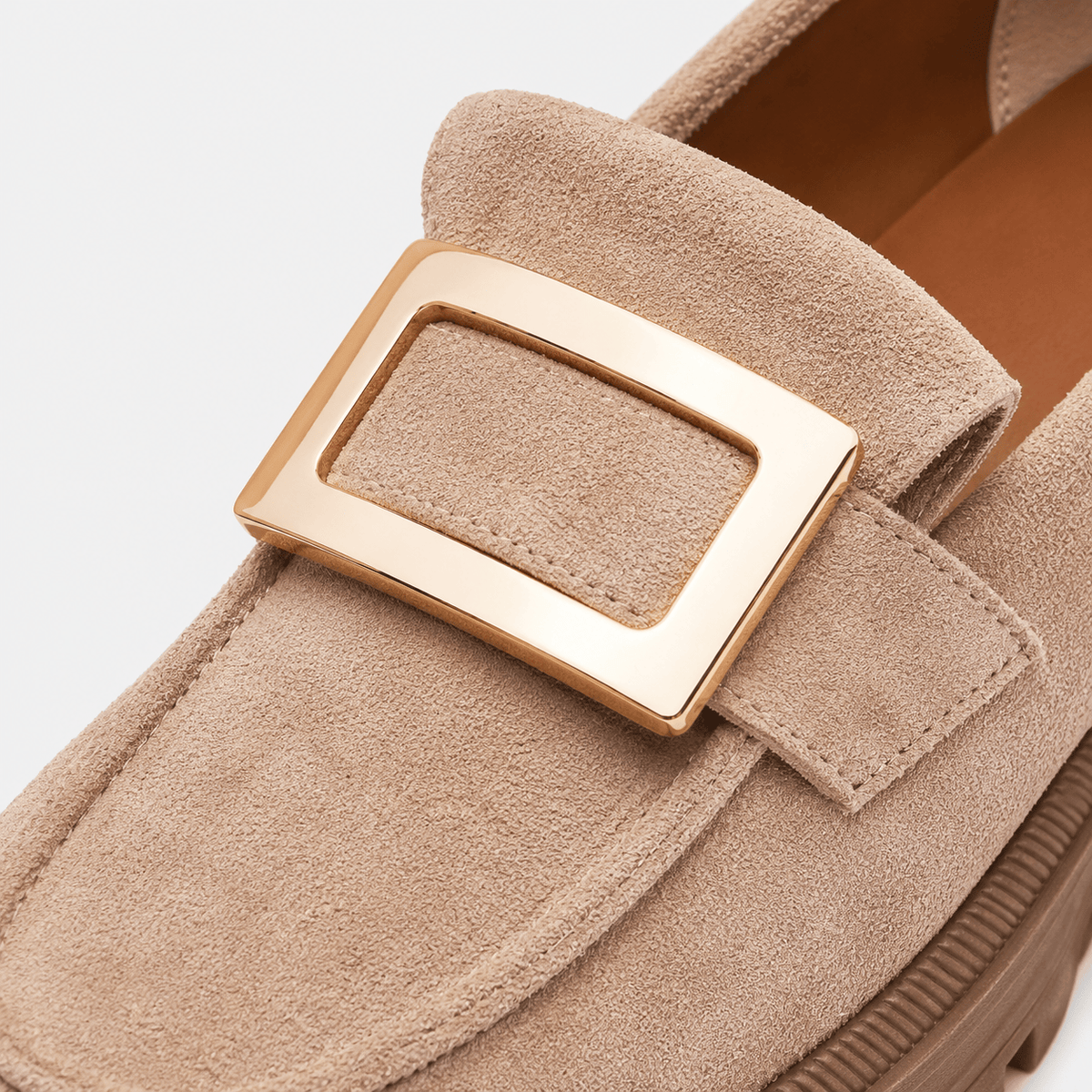 Ma boutique Womens Beige Thick Sole Vintage Loafers – Cross Buckle Striped Flat Natural Rubber Sole Shoes