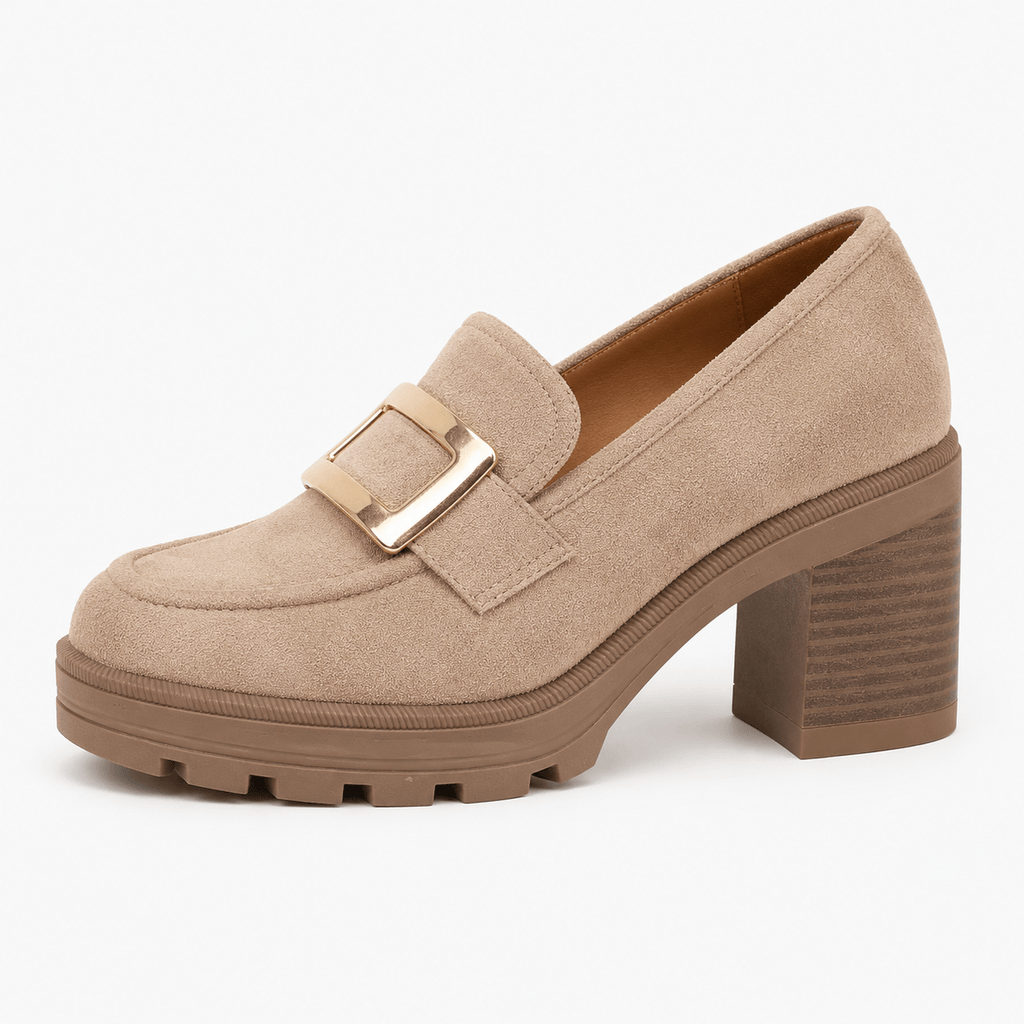 Ma boutique Womens Beige Thick Sole Vintage Loafers – Cross Buckle Striped Flat Natural Rubber Sole Shoes