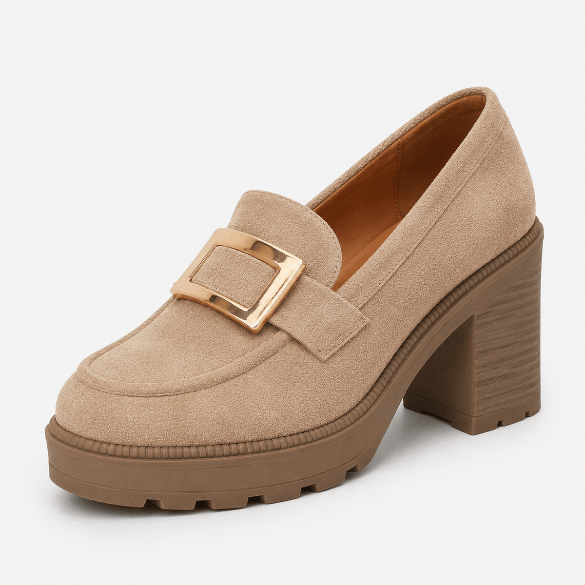 Ma boutique Womens Beige Thick Sole Vintage Loafers – Cross Buckle Striped Flat Natural Rubber Sole Shoes