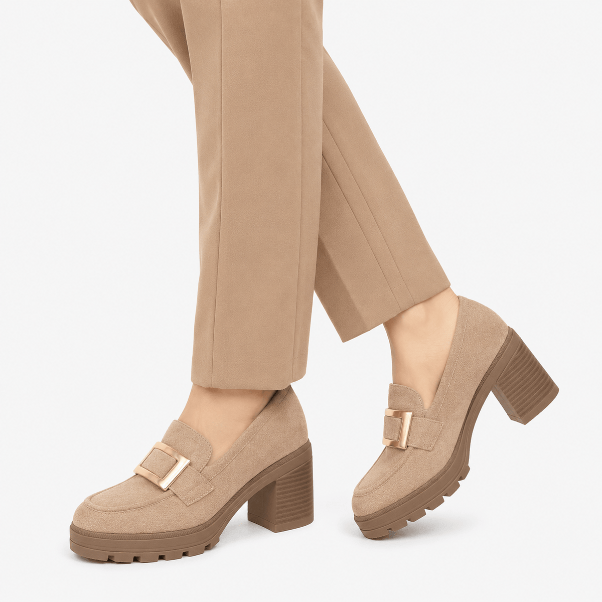 Ma boutique Womens Beige Thick Sole Vintage Loafers – Cross Buckle Striped Flat Natural Rubber Sole Shoes