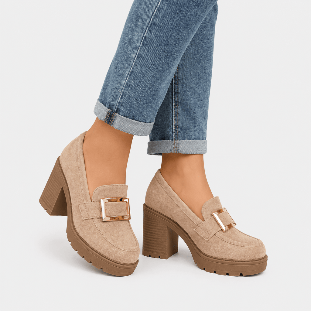 Ma boutique Womens Beige Thick Sole Vintage Loafers – Cross Buckle Striped Flat Natural Rubber Sole Shoes