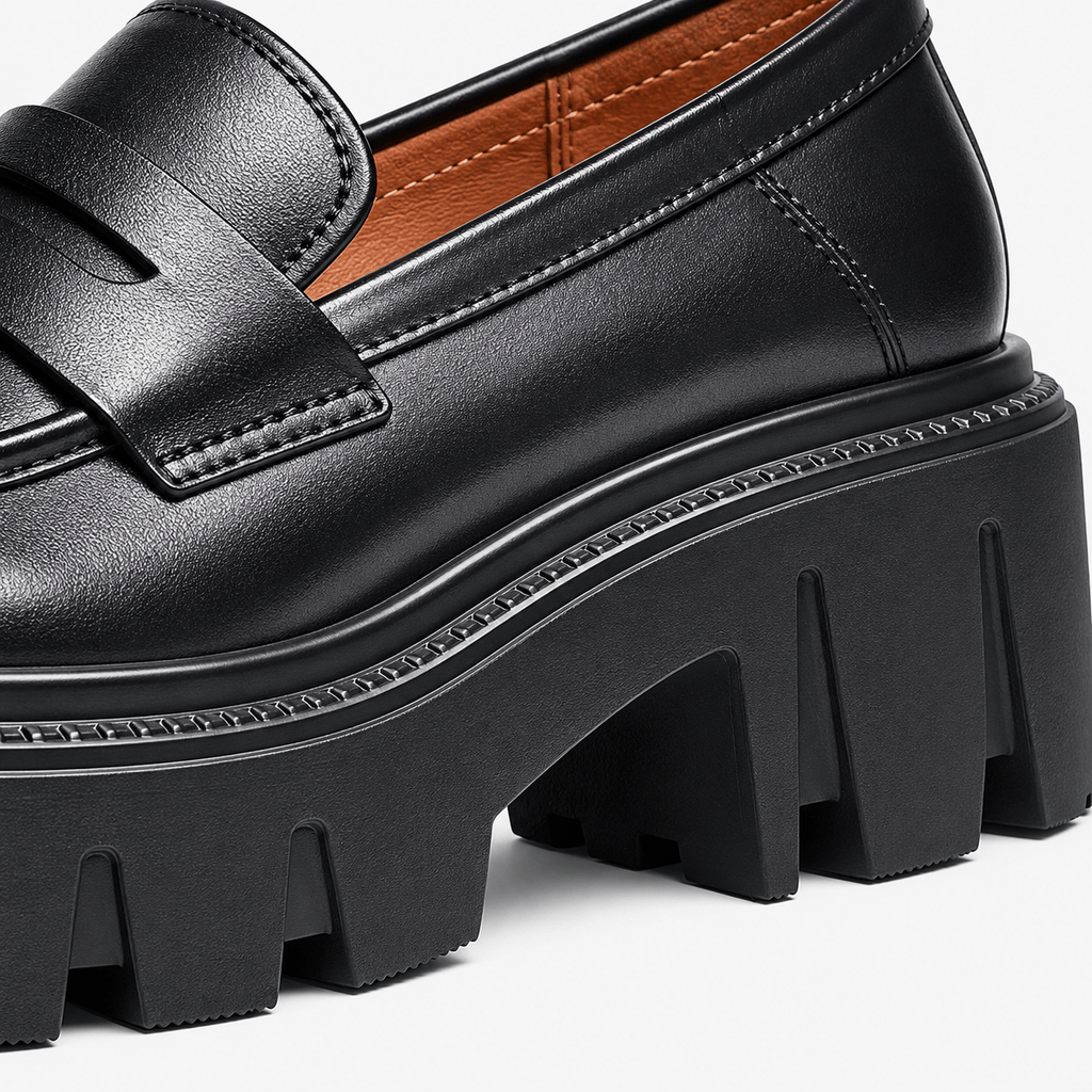 Ma boutique Womens Black Genuine Leather Platform Loafers – Chunky Sole Round Toe Slip-On Shoes