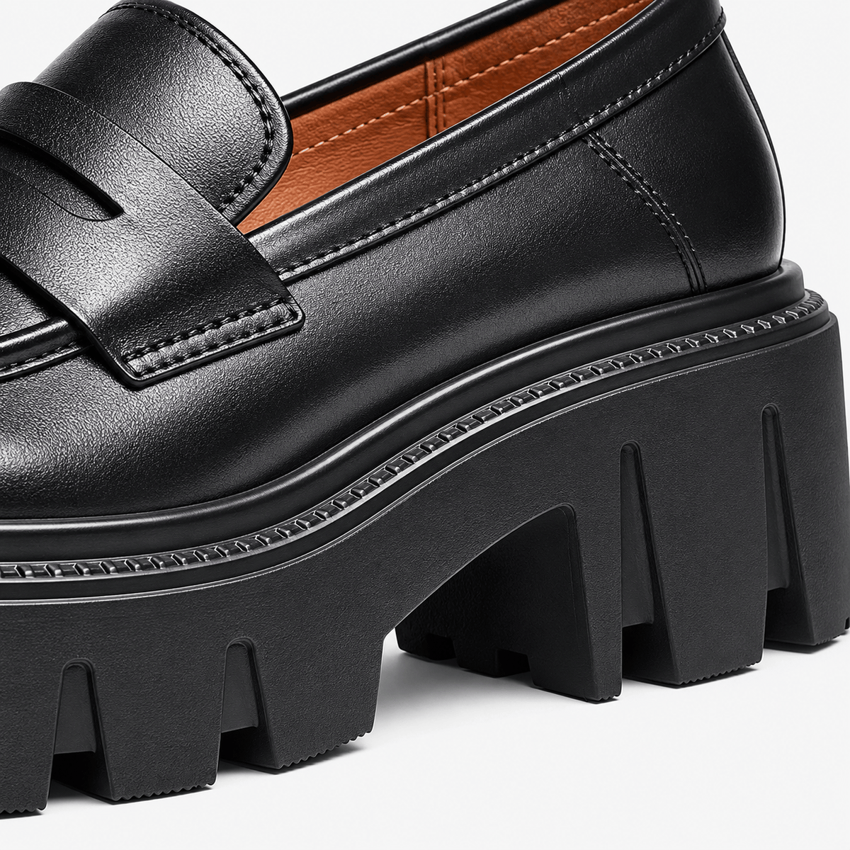 Ma boutique Womens Black Genuine Leather Platform Loafers – Chunky Sole Round Toe Slip-On Shoes