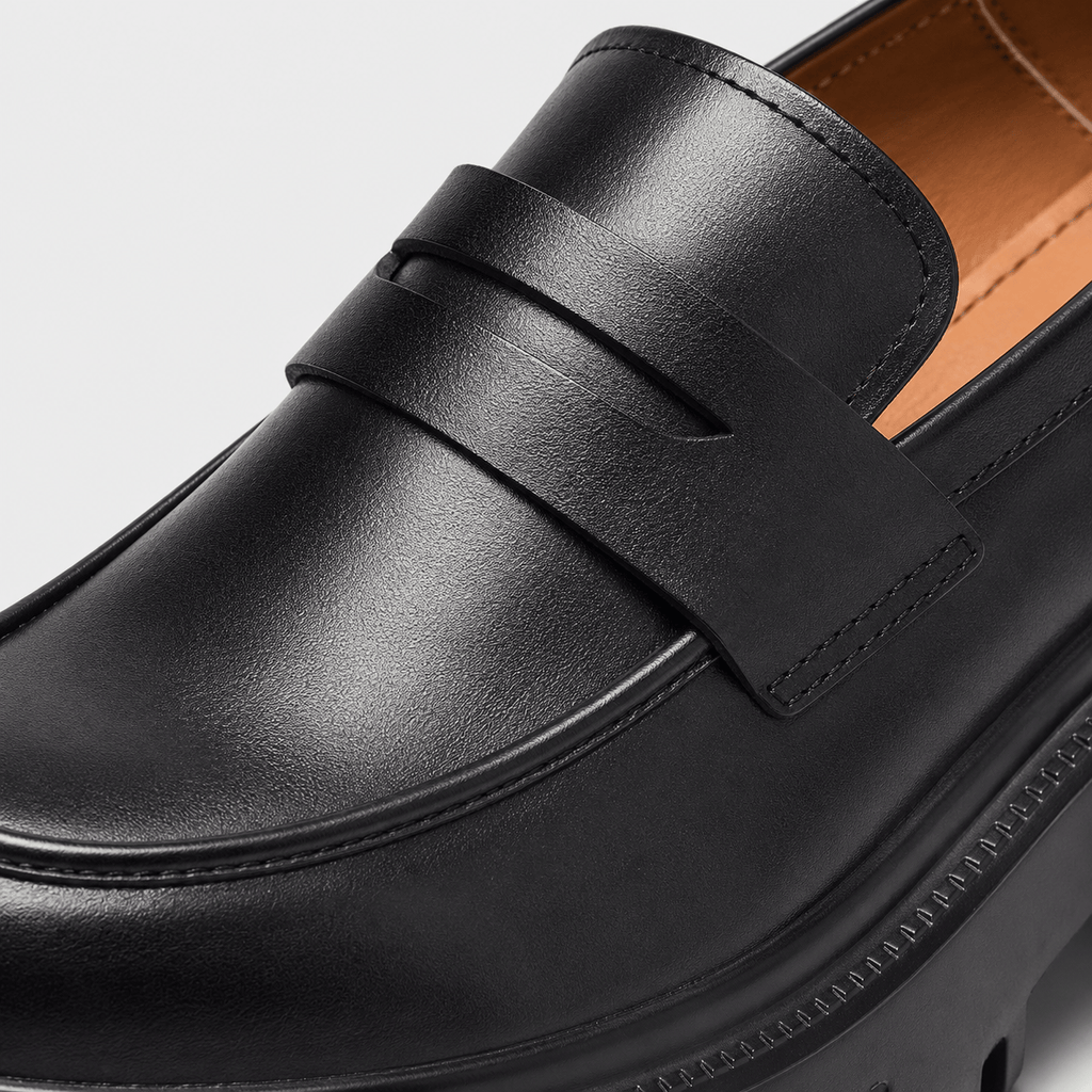 Ma boutique Womens Black Genuine Leather Platform Loafers – Chunky Sole Round Toe Slip-On Shoes