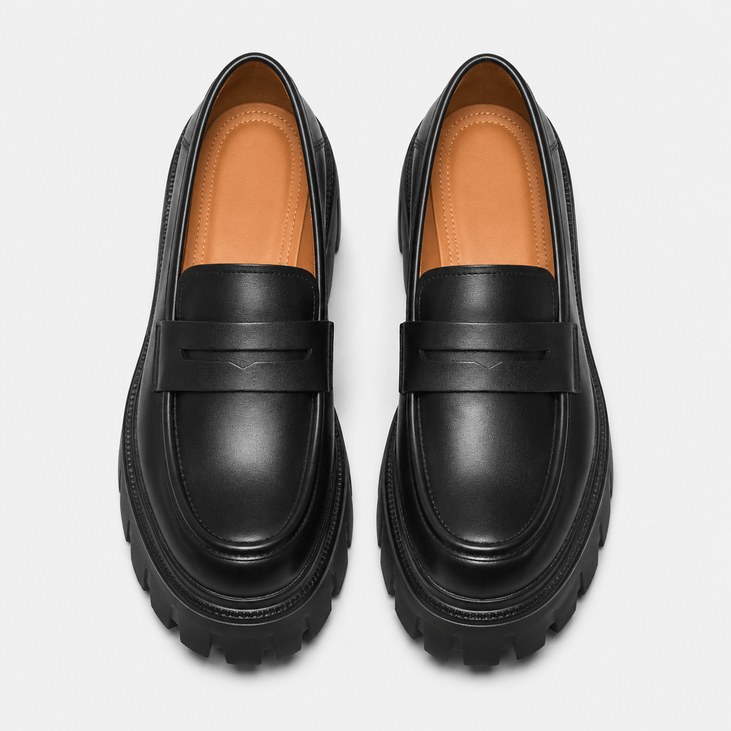 Ma boutique Womens Black Genuine Leather Platform Loafers – Chunky Sole Round Toe Slip-On Shoes