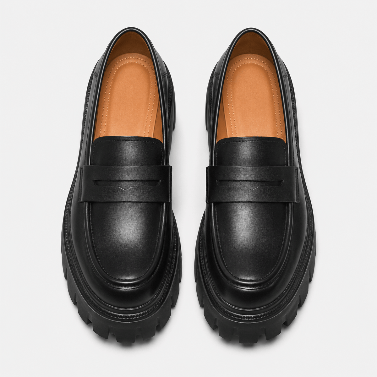 Ma boutique Womens Black Genuine Leather Platform Loafers – Chunky Sole Round Toe Slip-On Shoes