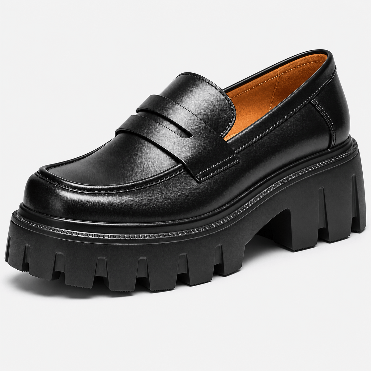 Ma boutique Womens Black Genuine Leather Platform Loafers – Chunky Sole Round Toe Slip-On Shoes