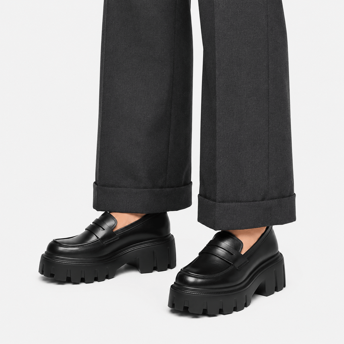 Ma boutique Womens Black Genuine Leather Platform Loafers – Chunky Sole Round Toe Slip-On Shoes