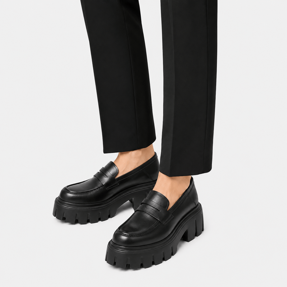 Ma boutique Womens Black Genuine Leather Platform Loafers – Chunky Sole Round Toe Slip-On Shoes
