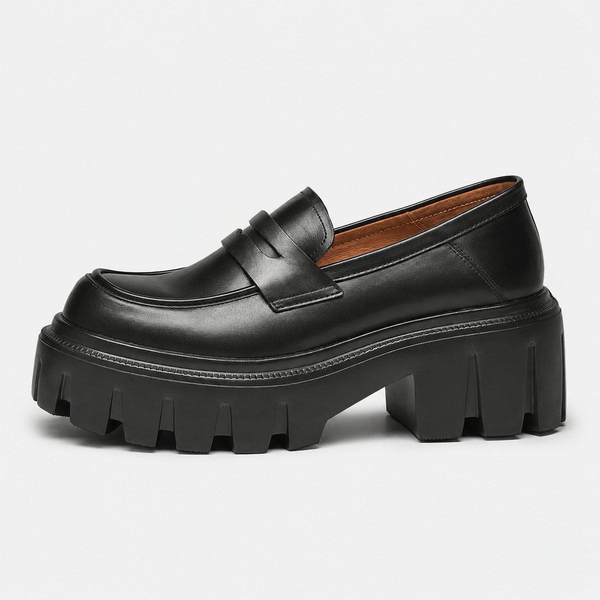 Ma boutique Womens Black Genuine Leather Platform Loafers – Chunky Sole Round Toe Slip-On Shoes