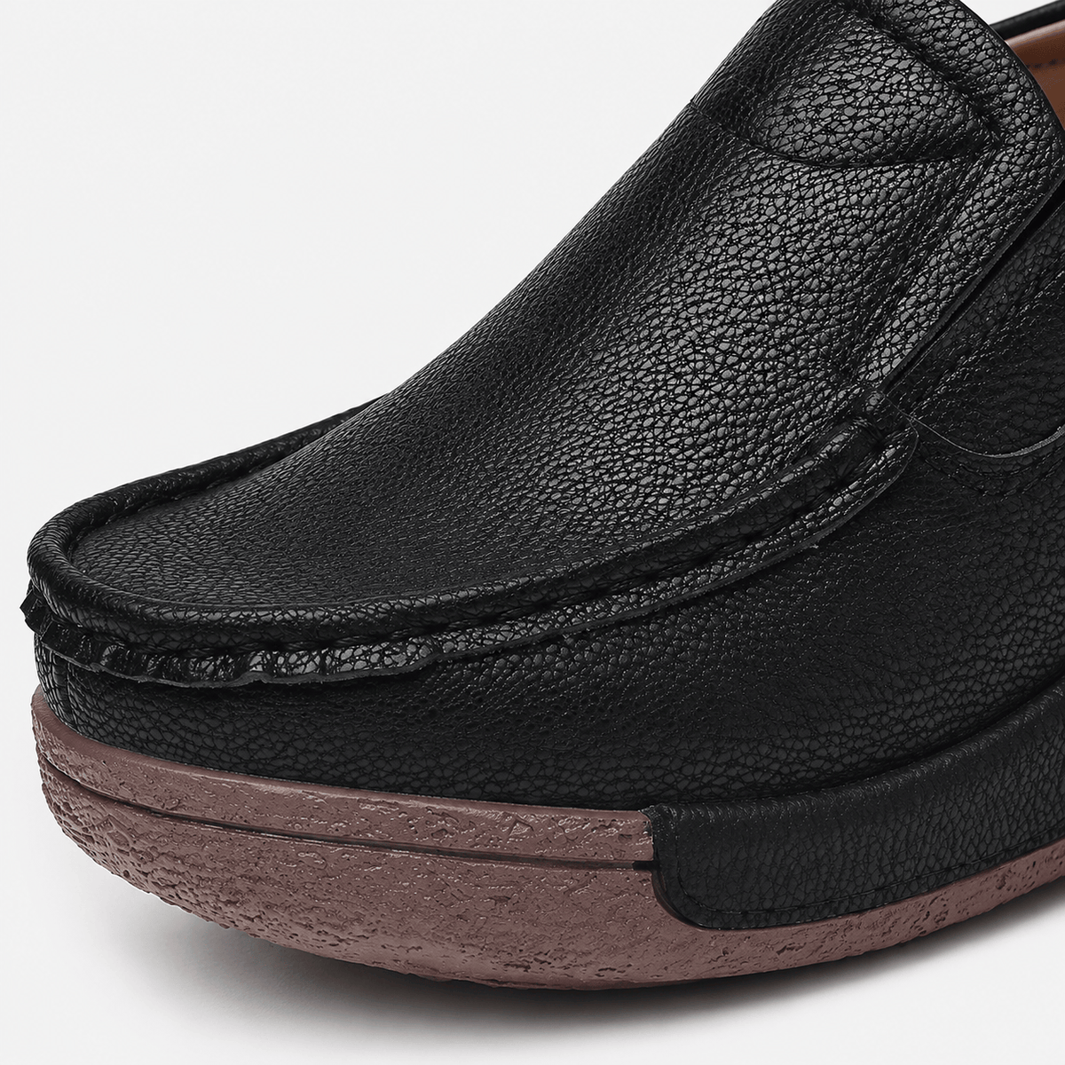 Ma boutique Womens Black Genuine Leather Wedge Loafers – Round Toe Casual Slip-On Autumn Shoes