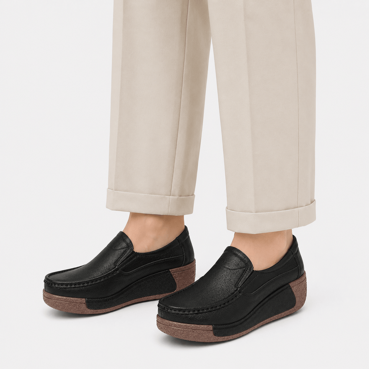 Ma boutique Womens Black Genuine Leather Wedge Loafers – Round Toe Casual Slip-On Autumn Shoes