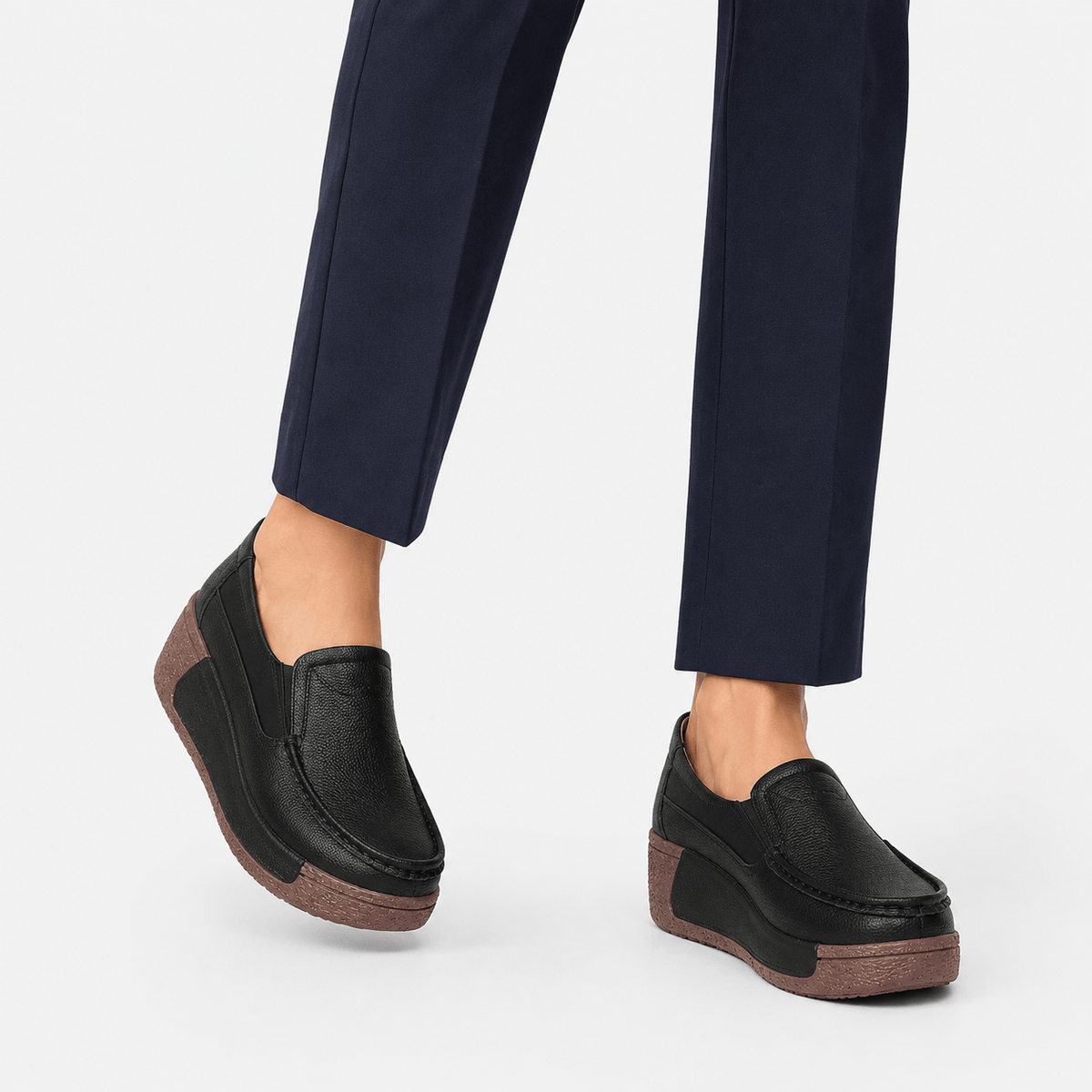 Ma boutique Womens Black Genuine Leather Wedge Loafers – Round Toe Casual Slip-On Autumn Shoes
