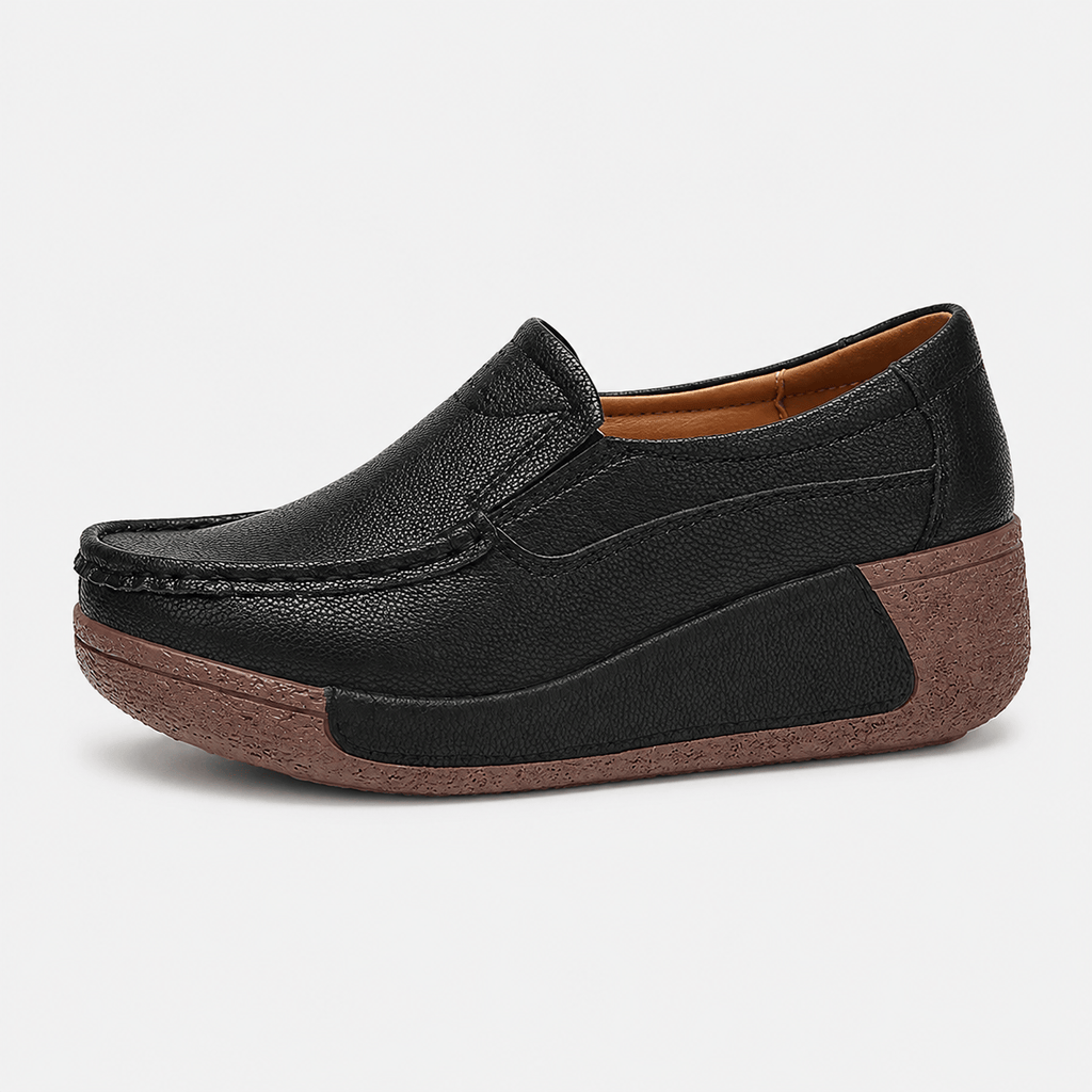 Ma boutique Womens Black Genuine Leather Wedge Loafers – Round Toe Casual Slip-On Autumn Shoes
