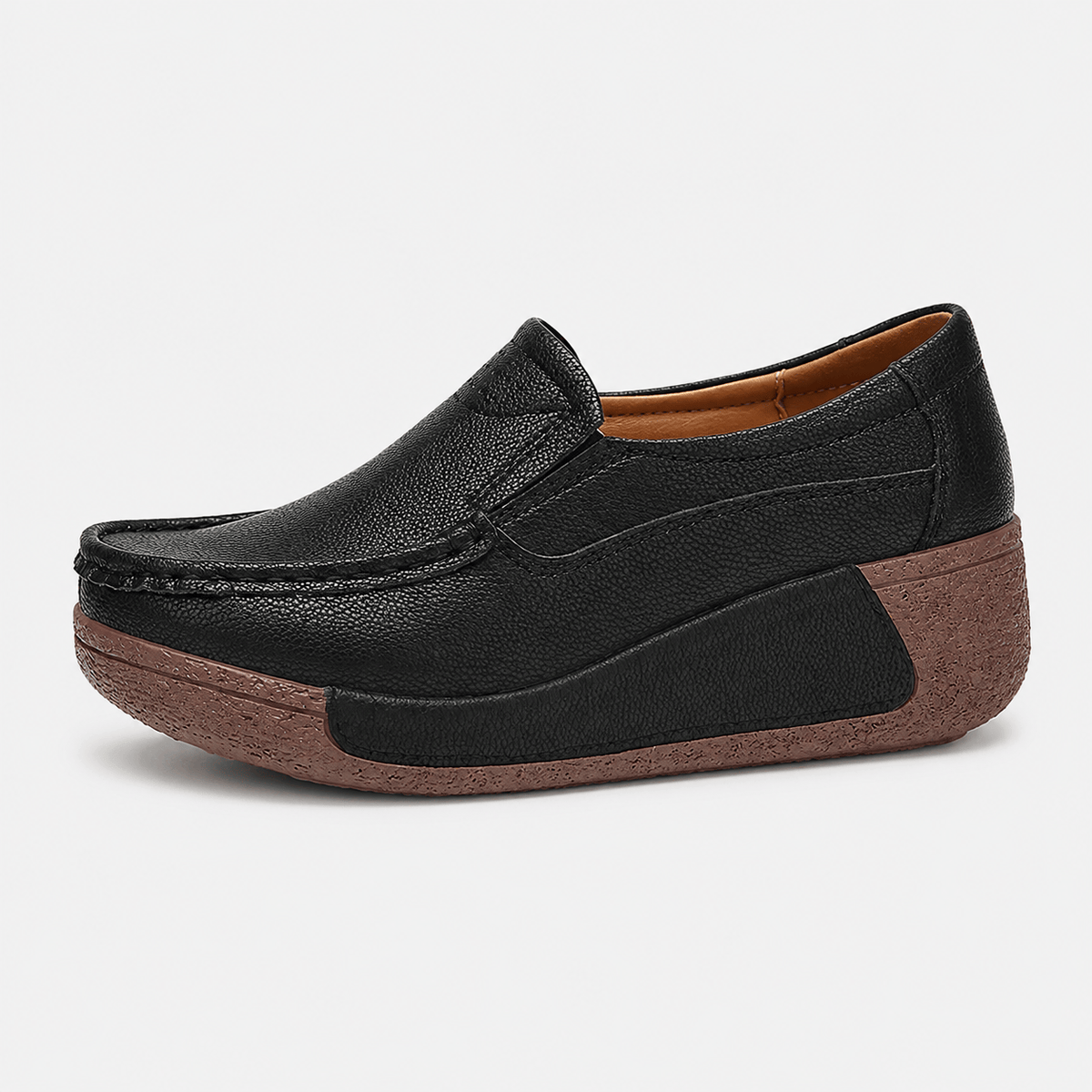 Ma boutique Womens Black Genuine Leather Wedge Loafers – Round Toe Casual Slip-On Autumn Shoes