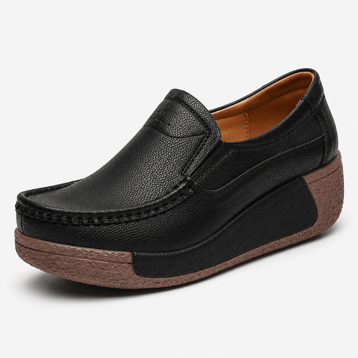 Ma boutique Womens Black Genuine Leather Wedge Loafers – Round Toe Casual Slip-On Autumn Shoes