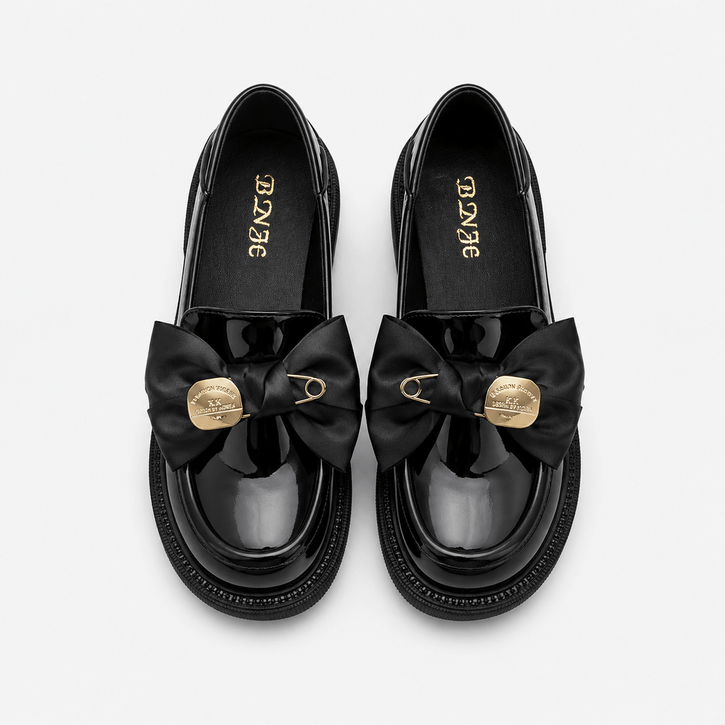 Ma boutique Womens Black Patent Leather Platform Loafers – Exquisite Bow Detail Casual Designer Shoes