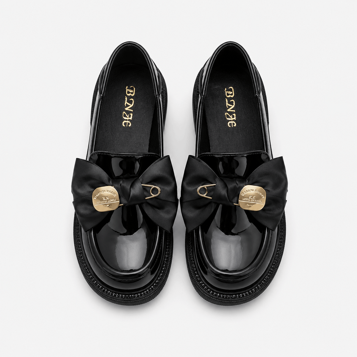 Ma boutique Womens Black Patent Leather Platform Loafers – Exquisite Bow Detail Casual Designer Shoes