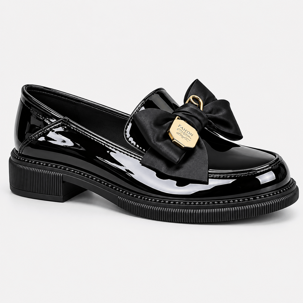 Ma boutique Womens Black Patent Leather Platform Loafers – Exquisite Bow Detail Casual Designer Shoes
