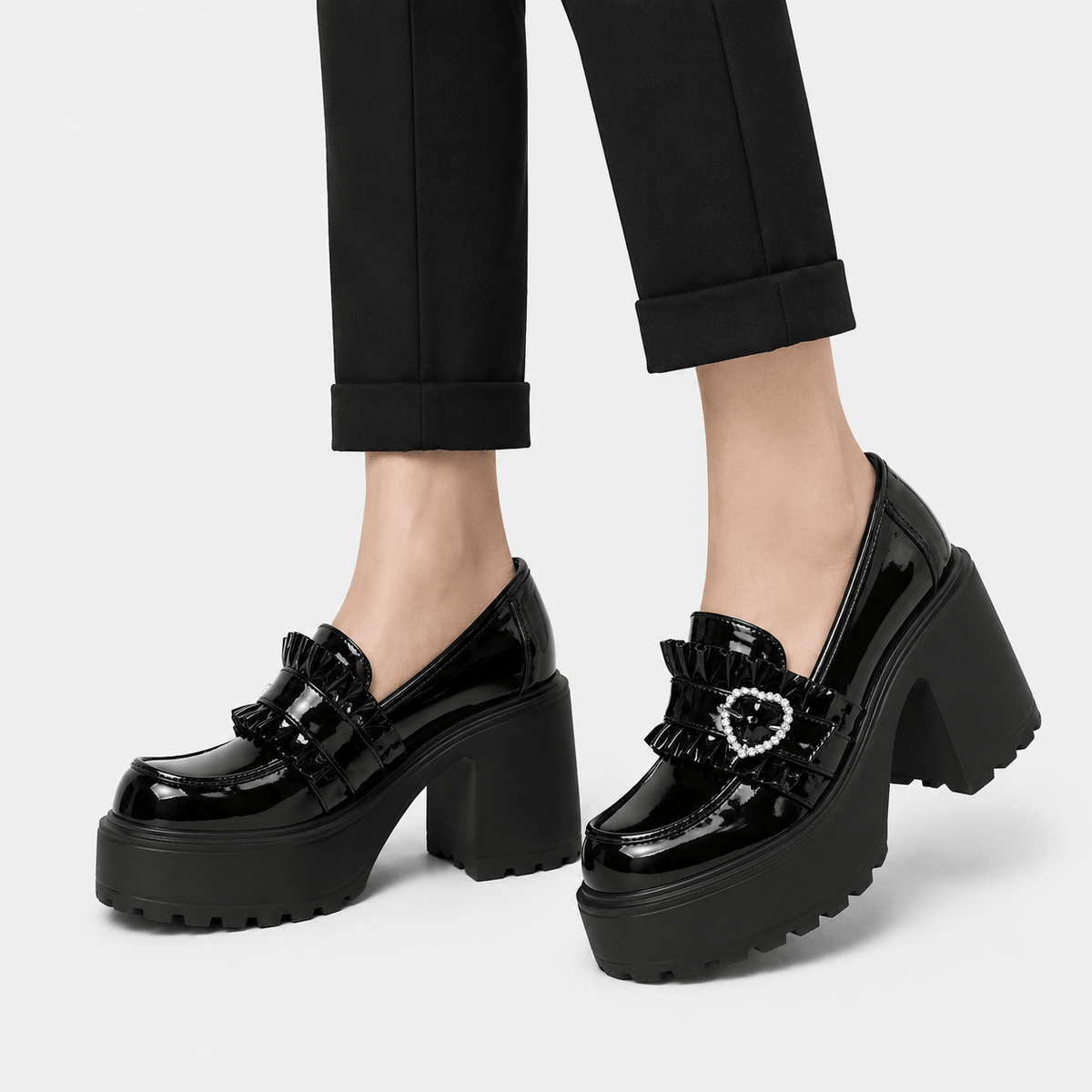 Ma boutique Womens Black Platform Loafers – Heart Buckle High Heel Leather Waterproof Shoes