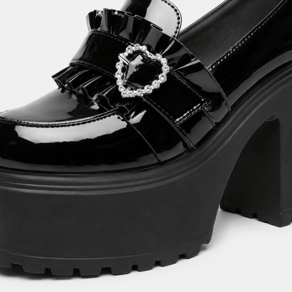 Ma boutique Womens Black Platform Loafers – Heart Buckle High Heel Leather Waterproof Shoes