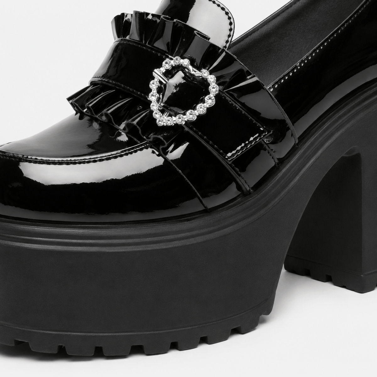 Ma boutique Womens Black Platform Loafers – Heart Buckle High Heel Leather Waterproof Shoes