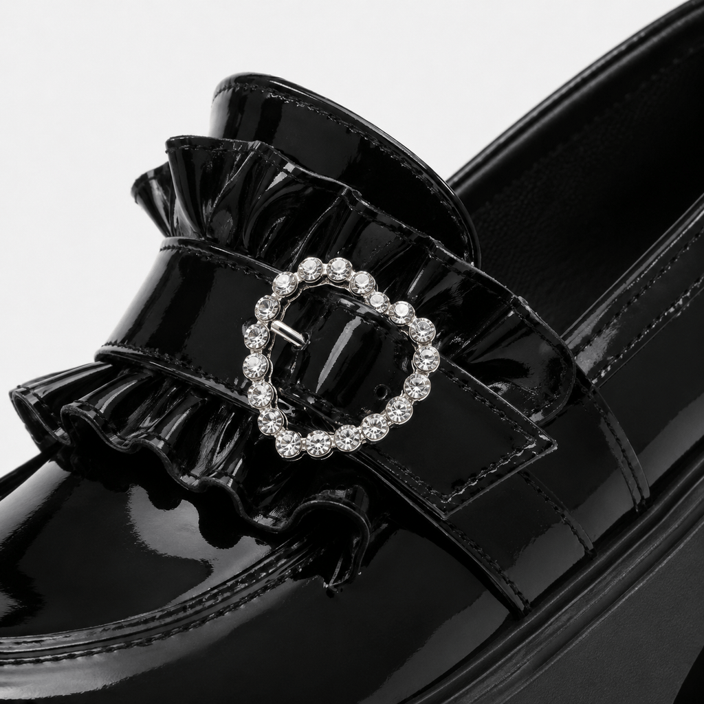 Ma boutique Womens Black Platform Loafers – Heart Buckle High Heel Leather Waterproof Shoes