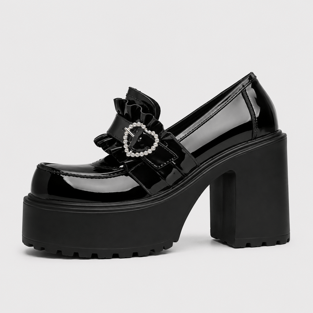 Ma boutique Womens Black Platform Loafers – Heart Buckle High Heel Leather Waterproof Shoes