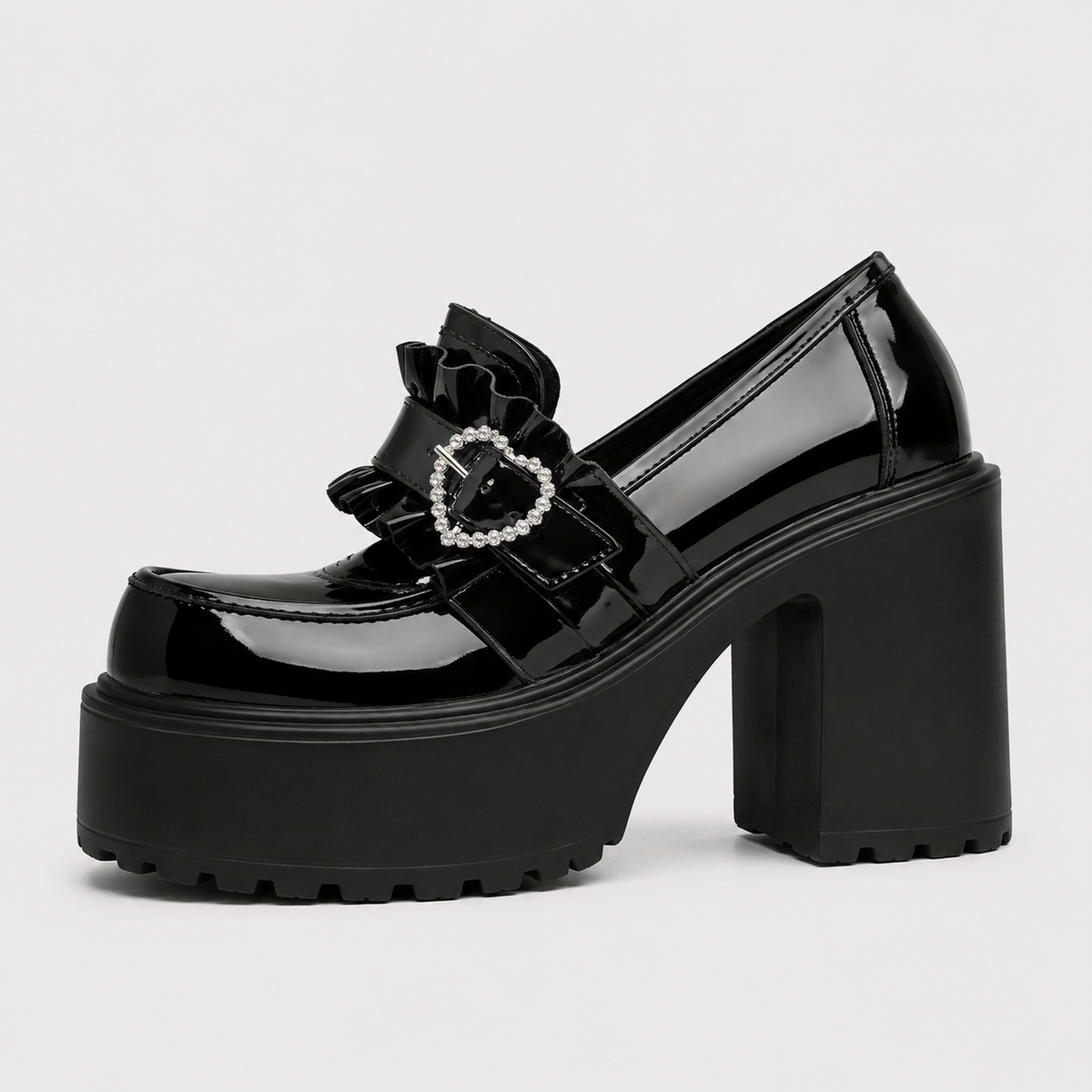 Ma boutique Womens Black Platform Loafers – Heart Buckle High Heel Leather Waterproof Shoes