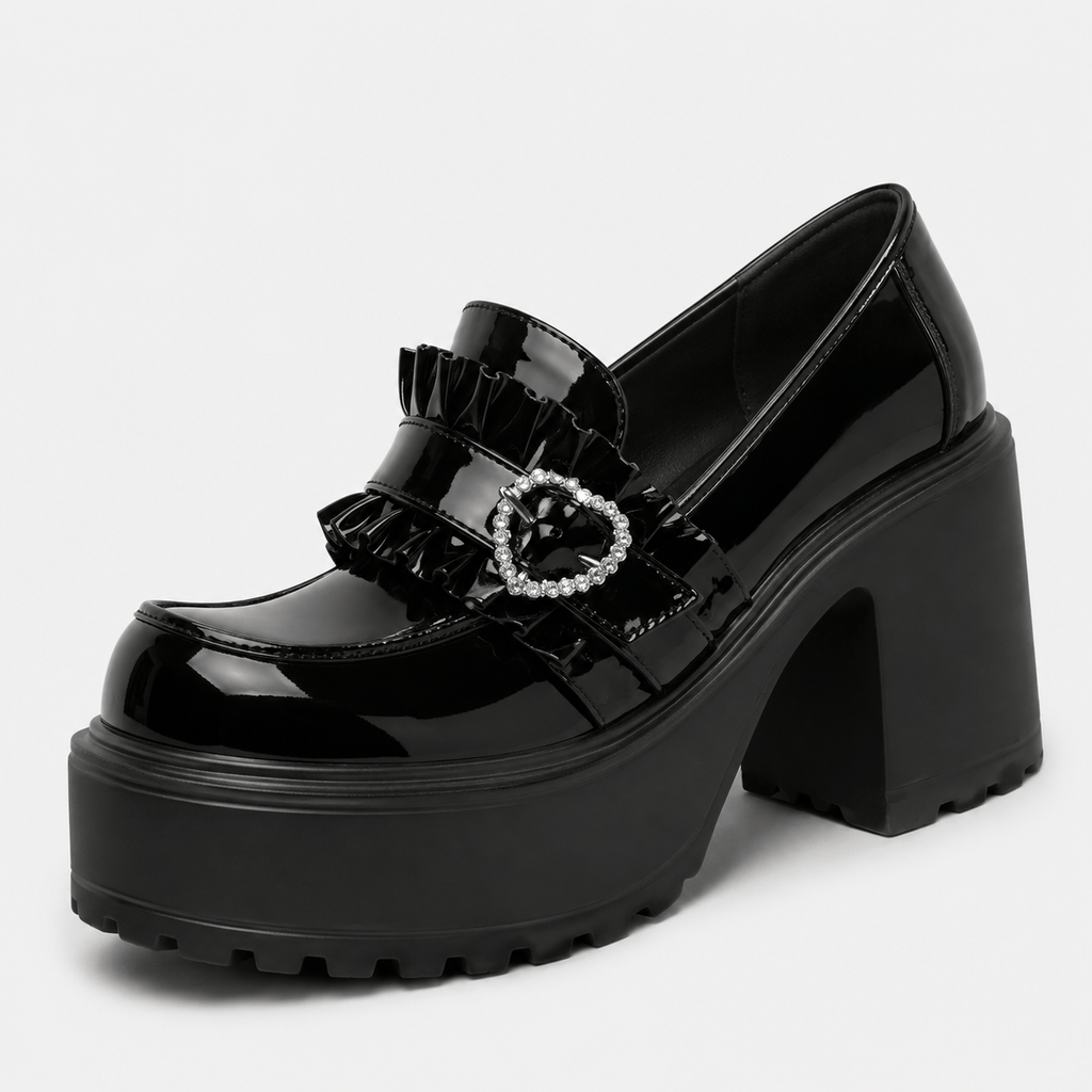 Ma boutique Womens Black Platform Loafers – Heart Buckle High Heel Leather Waterproof Shoes