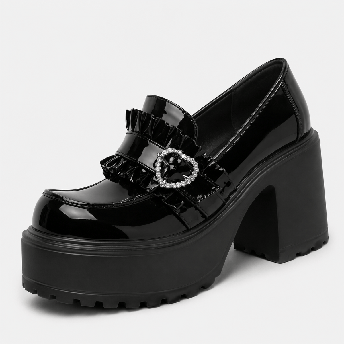 Ma boutique Womens Black Platform Loafers – Heart Buckle High Heel Leather Waterproof Shoes