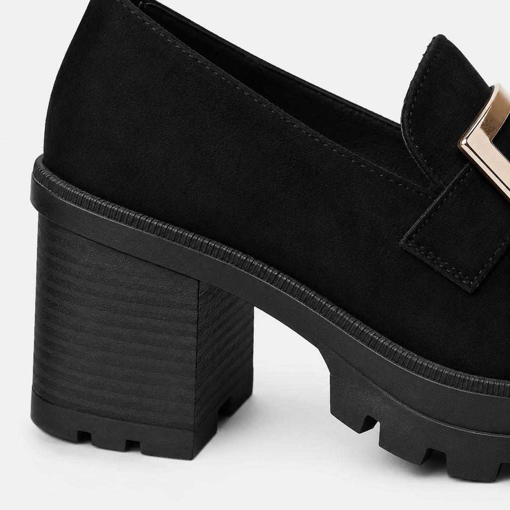 Ma boutique Womens Black Thick Sole Vintage Loafers – Cross Buckle Striped Flat Natural Rubber Sole Shoes