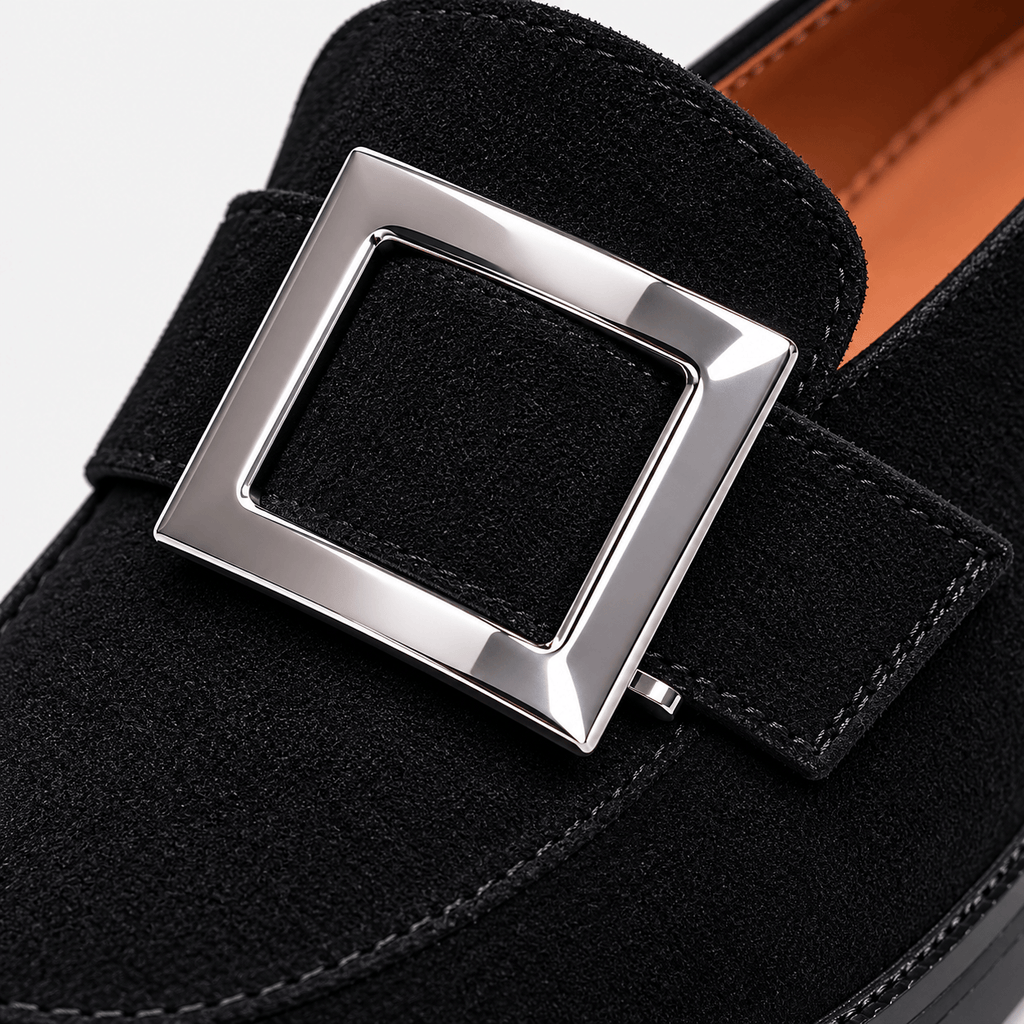 Ma boutique Womens Black Thick Sole Vintage Loafers – Cross Buckle Striped Flat Natural Rubber Sole Shoes