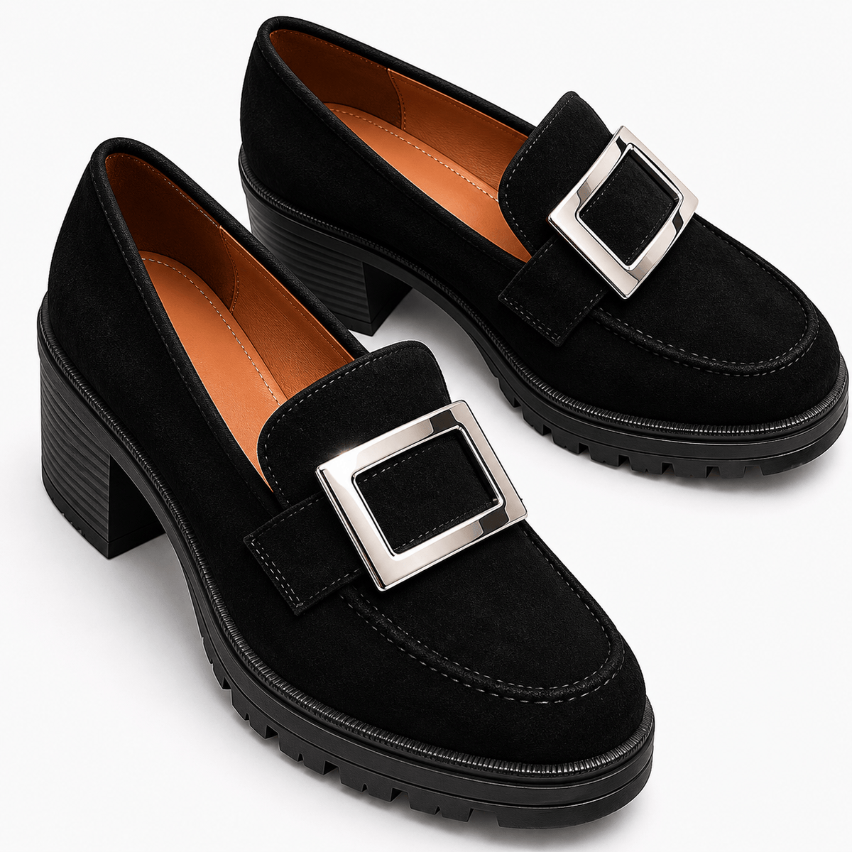 Ma boutique Womens Black Thick Sole Vintage Loafers – Cross Buckle Striped Flat Natural Rubber Sole Shoes