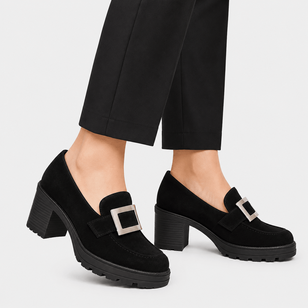 Ma boutique Womens Black Thick Sole Vintage Loafers – Cross Buckle Striped Flat Natural Rubber Sole Shoes