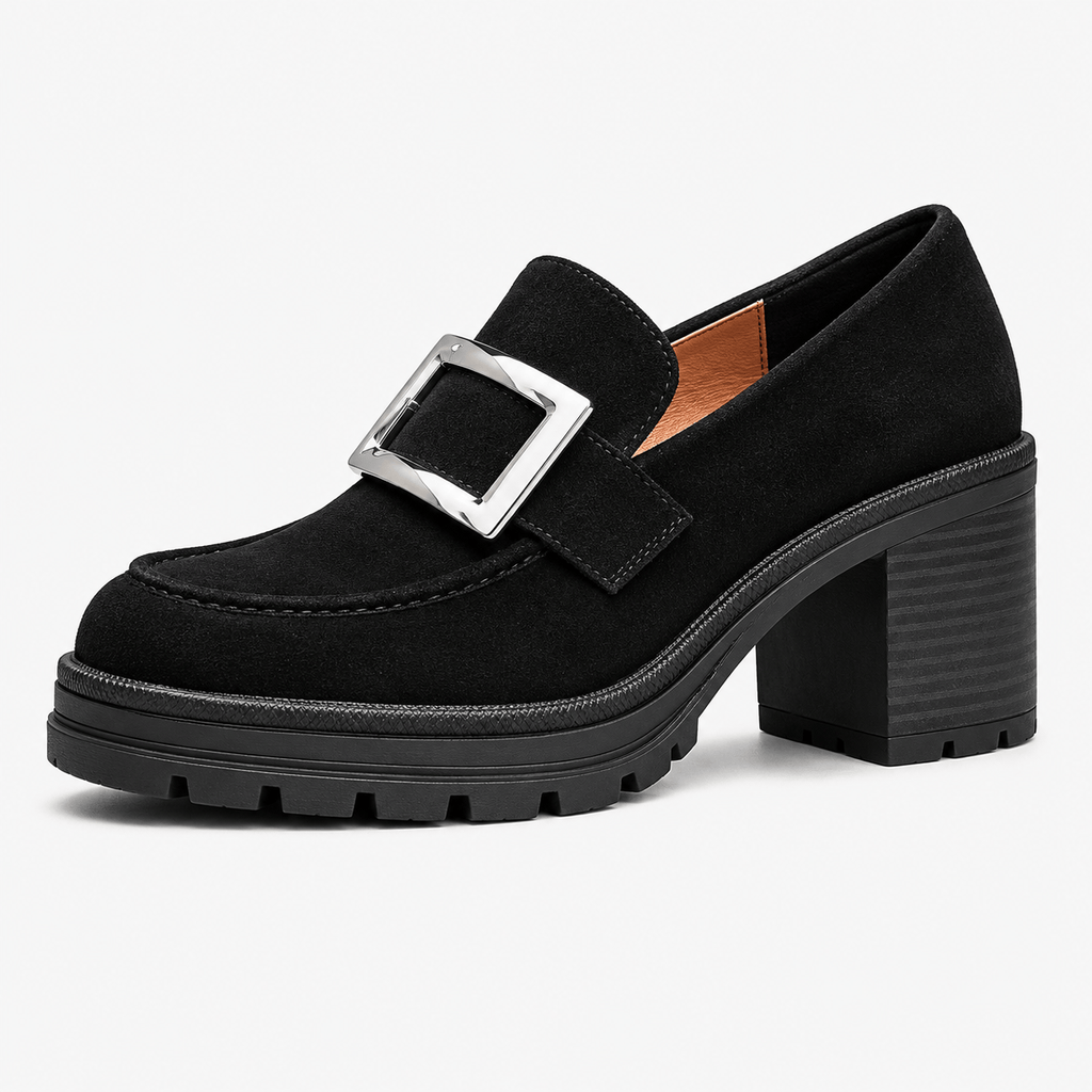 Ma boutique Womens Black Thick Sole Vintage Loafers – Cross Buckle Striped Flat Natural Rubber Sole Shoes