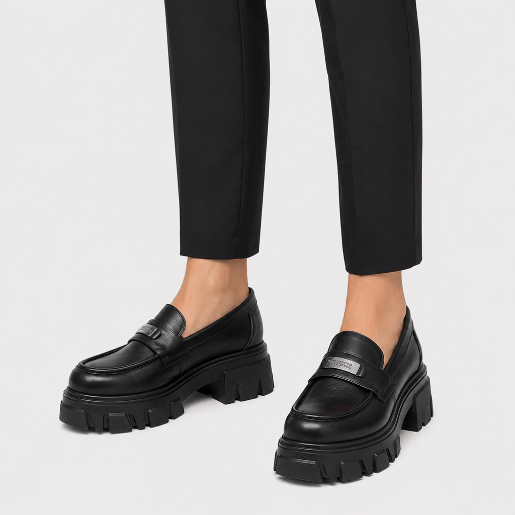 Ma boutique Womens Black Vintage Chunky Loafers – Genuine Leather Platform Height Increasing Shoes