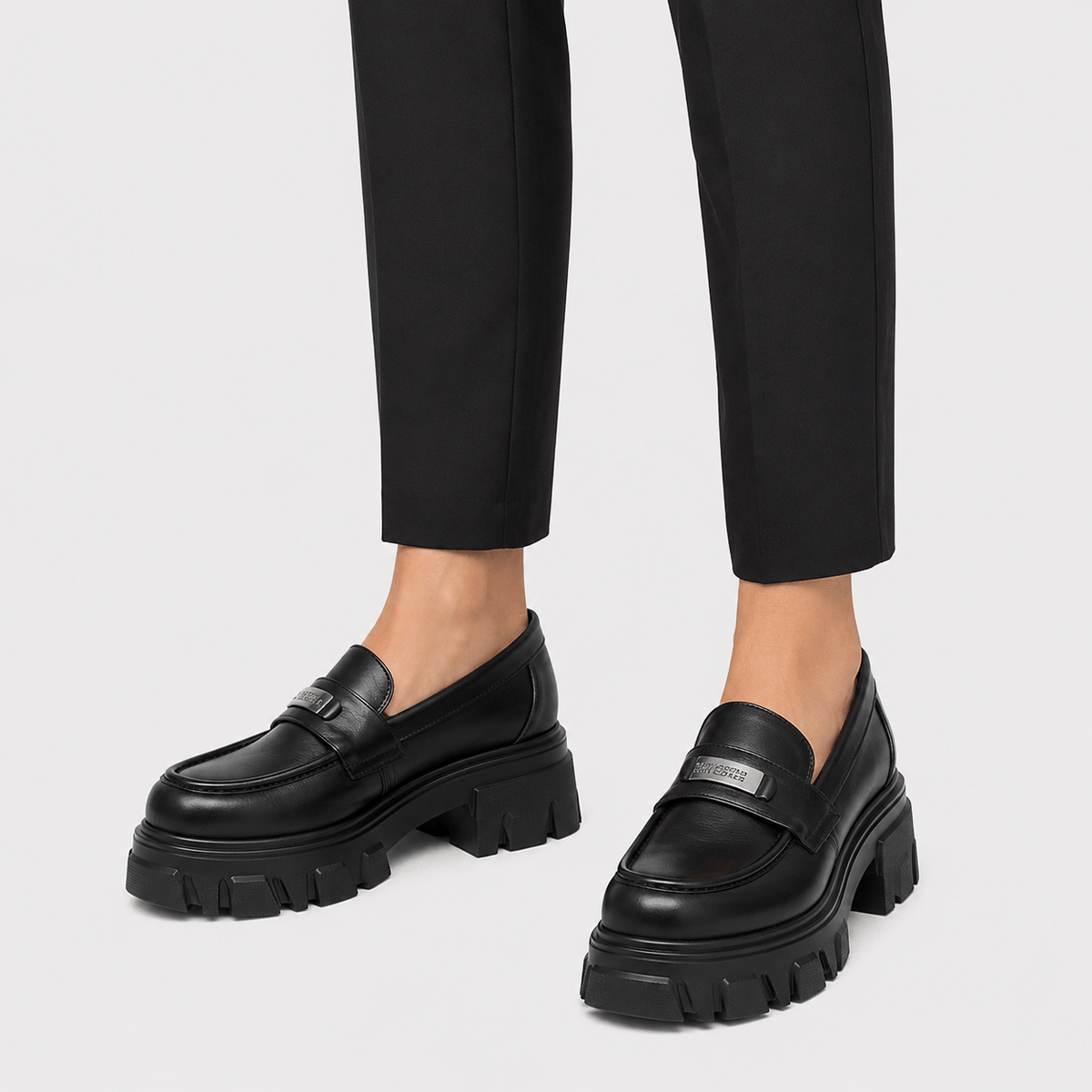 Ma boutique Womens Black Vintage Chunky Loafers – Genuine Leather Platform Height Increasing Shoes