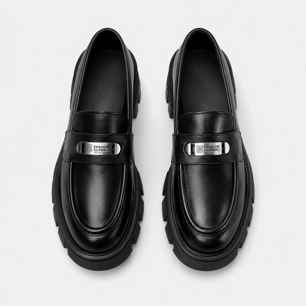 Ma boutique Womens Black Vintage Chunky Loafers – Genuine Leather Platform Height Increasing Shoes