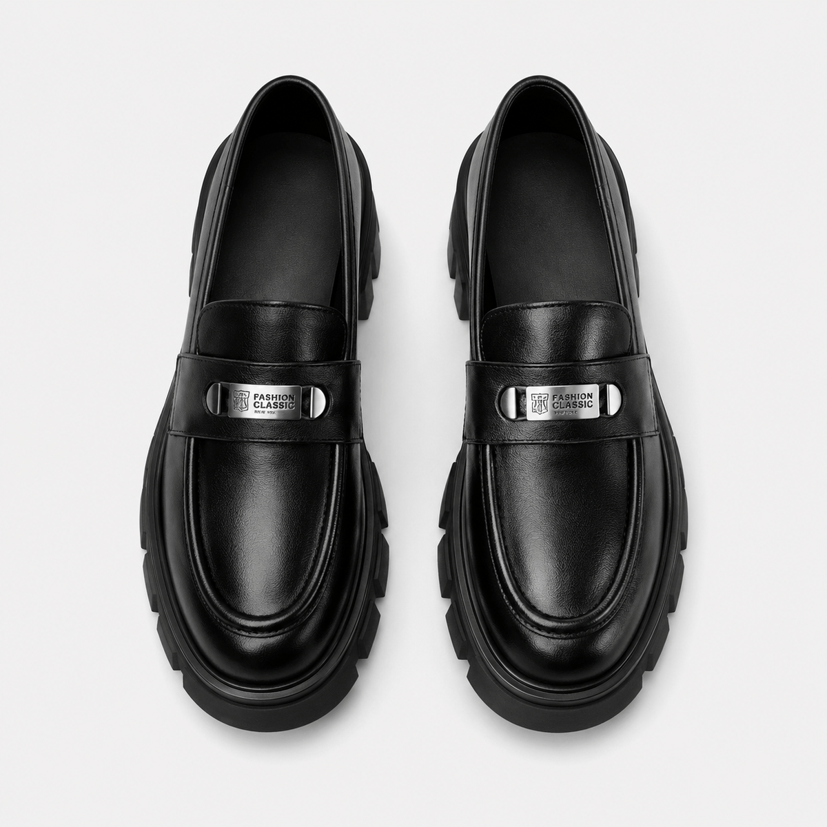 Ma boutique Womens Black Vintage Chunky Loafers – Genuine Leather Platform Height Increasing Shoes