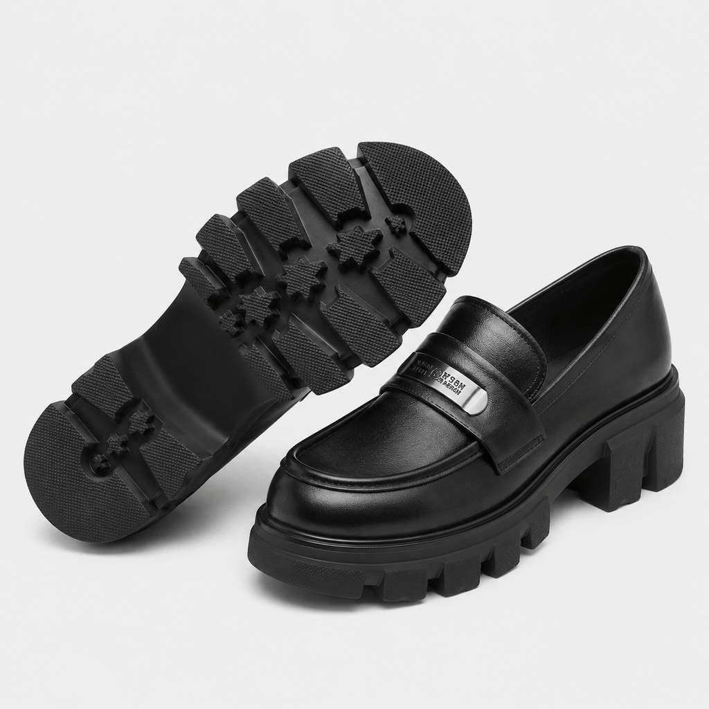 Ma boutique Womens Black Vintage Chunky Loafers – Genuine Leather Platform Height Increasing Shoes